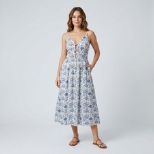NEW Caroline Constas Blue Floral Smocked Midi Dress V-Neck Cutout Size Small