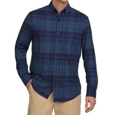 LANDS END Men Brushed Twill Button Down Shirt M Blue Tartan Plaid Flannel NWT