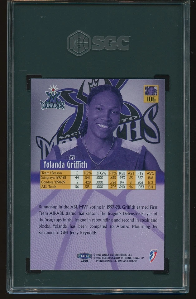 Yolanda Griffith 1999 Fleer Ultra WNBA Rookies #106 Rookie RC HOF SGC 9 - Image 2 of 2