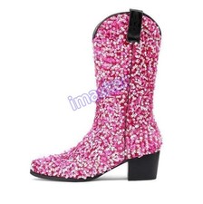 Women's Sequins Block Heels Pointed Toe Pull On Mid Calf Boots Casual Club Shoes