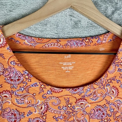 J Jill Pima-Slub Scoop Neck Side Slit Tee Women Large Petite Orange Paisley - Picture 8 of 14
