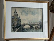 Franck WILL (1900-50) Paris Pont Neuf Fusain Aquarelle Signé 26x34 Encadré