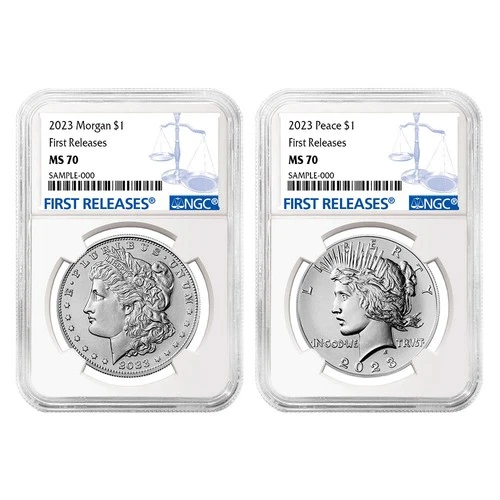 2023 $1 Morgan and Peace Silver Dollar 2pc Set NGC MS70 FR Blue Label