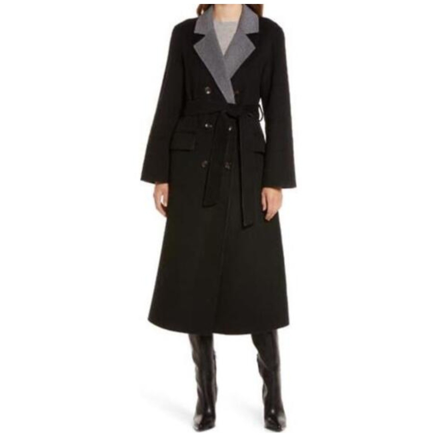 Nordstrom Womens Double Breasted Wool Blend Belted Overcoat Black Grey Medium