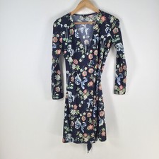 Ann Taylor womens wrap dress size US 2 aus 6 navy blue floral long sleeve 100922