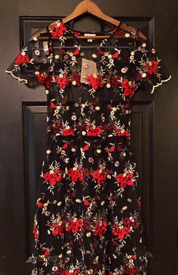 NWT XS LuLaRoe Deanne II SHEER LACE OVERLAY Dress RED ROSES LEAVES Black  FLORAL
