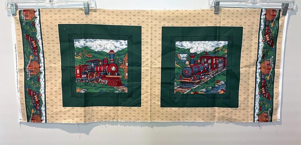 Edredón acolchado de tela de tren vintage panel cuadrado 2 máquina de vapor Cranston VIP Foto 4 de 4