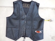 M M Black Genuine Leather American Motorcycle Vest XL H.D. Patches