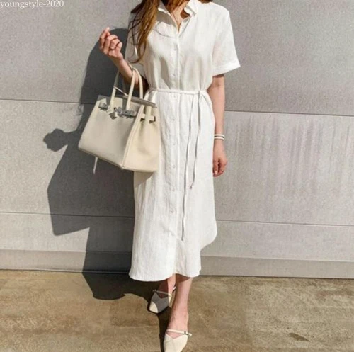 Lady Summer Casual Button-Down Shirt Dress Cotton Linen Long Tunic Beach Kaftan - Bild 3 von 19