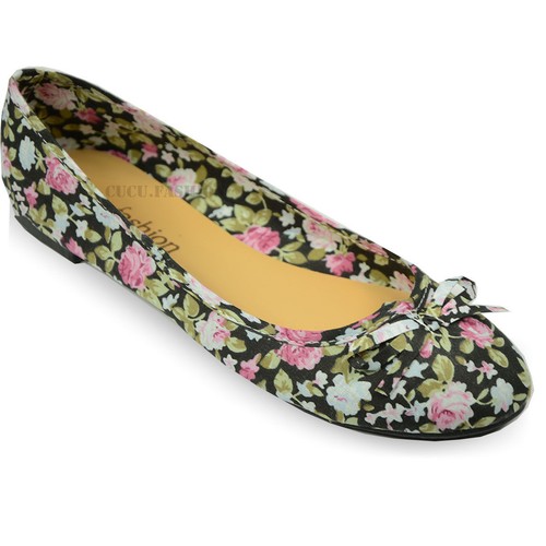 New Ladies Flat Ballerina Pumps Womens Ballet Dolly Flower Canvas Bow Shoes Size - Picture 12 of 13