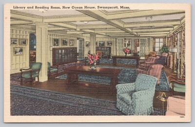Postcard New Ocean House Library And Reading Room Interior View - Swampscott, MA