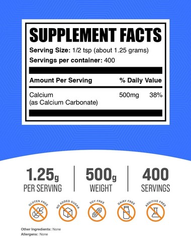 BulkSupplements Calcium Carbonate Powder 500g - 1.25 g Per Serving - 第 2/5 張圖片