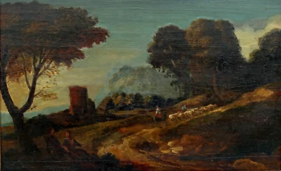 XVIIIème Siècle - Paysage Bergers Troupeau de Moutons et Ruine Huile sur Panneau - Photo 1/4