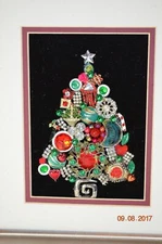 Christmas Tree collage Framed Vintage Jewelry Rhinestones  RG12 Red Green