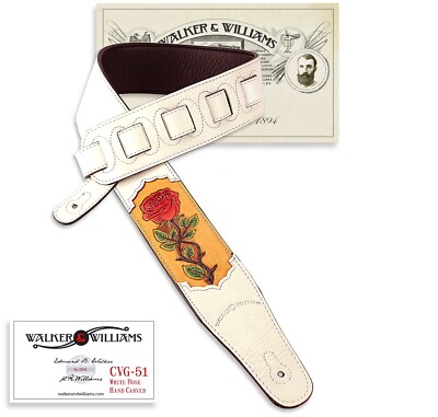 Walker & Williams CVG-51 White Leather Padded Guitar Strap Carved Red Rose
