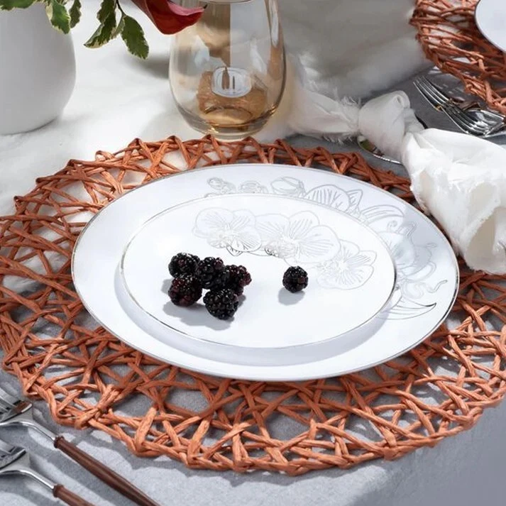 10个圆形晚餐塑料盘子餐具适用于10个兰花白色和银色10英寸 — 第 3/4 张图片