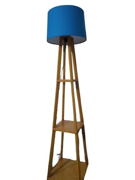 Wooden Teak Floor Lamp with Shelf and Blue Shade for Living Room or Bedroom