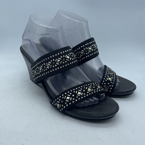 Impo Flex Elastic Wedge Slip On Sandal Size 10M Vicky Black Rhinestones