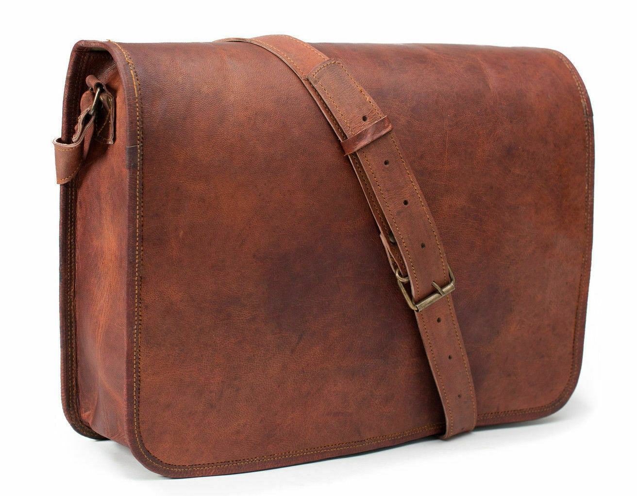 Bolso bandolera de cuero vintage con solapa completa marrón real 11"