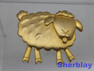 Vintage JJ Jonette Jewelry Brushed Goldtone Metal Dangle Leg Sheep Brooch Pin