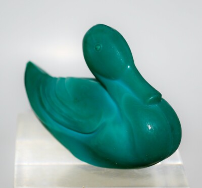 Art Deco Green Malachite Glass Duck Figure. Signed Moser Carlsbad