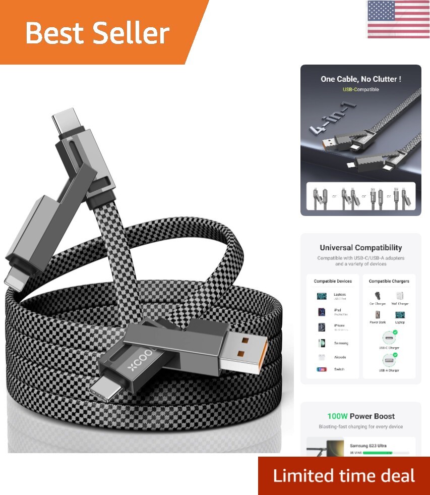 USB C Cable, 4-in-1 USB-C Cable 6ft, 100W USB-C Charger Cable with Hook-and-L...-image