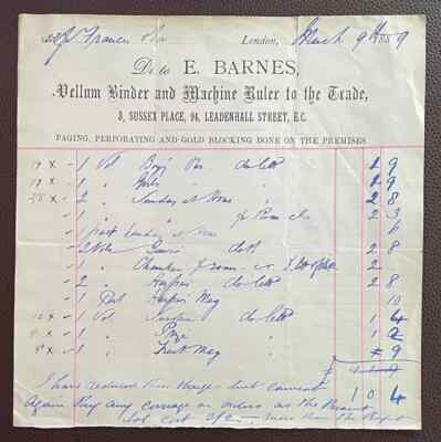 1889 E. Barnes, Pergamentmappe, 3 Sussex Place & 94 Leadenhall St, London Rechnung