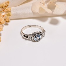 925 Sterling Silver Natural Blue Topaz Round Gemstone Swirl Filigree Ring