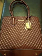 Brown Quilted Satchel Top Handle Bag Zip Closure Gold Hardware Lined Pockets