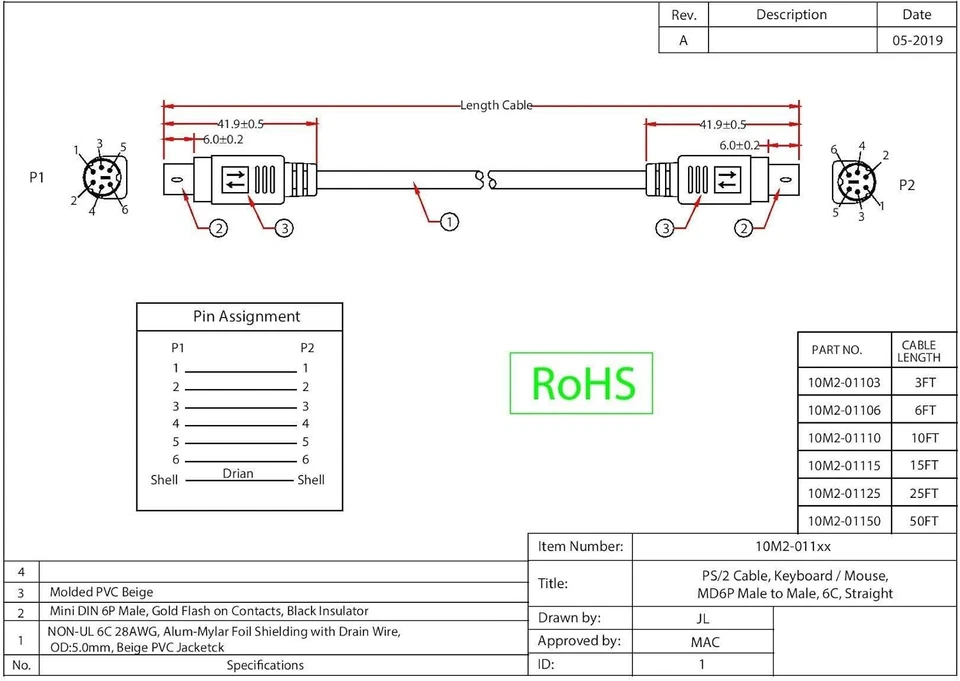Mini Din6 PS/2 Male to Male Keyboard Mouse Adapter Cable, MDIN6 Pin M/M KVM PS2 - Image 2 of 2