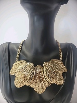 Vintage Necklace Statement Dotted Texture Leaves Gold Tone Jewelry Costume