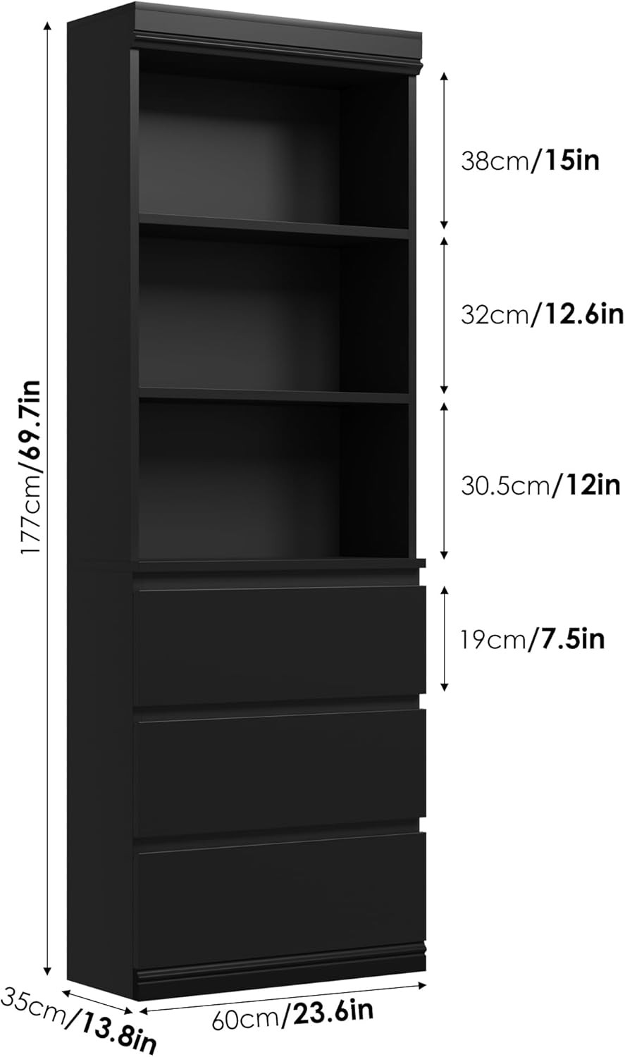 70" H Bookcase with 3 Storage Drawers Tall Bookshelf 3-Tier Open Shelf Bookcase