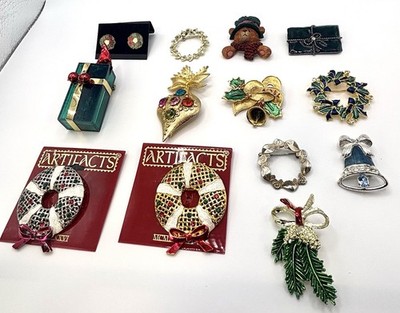 Lot 12 Vtg Christmas Brooches Monet Dodds Gerrys JJ Artifacts. 1 Pair Earrings