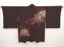 6526T02z590 Vintage Japanese Kimono Silk HAORI Chrysanthemum Black