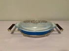PYREX Blue Oval Casserole Dish 1.5 Qt with Lid & Metal Carrier Vintage