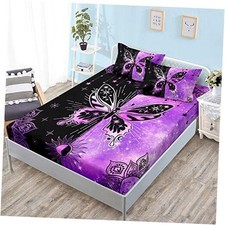 Butterfly Twin Fitted Sheet Set, Microfiber 3 Piece Twin Twin 39" 75" Purple