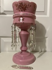 Pink opaline glass lustre vase with hanging crystal prisms see description