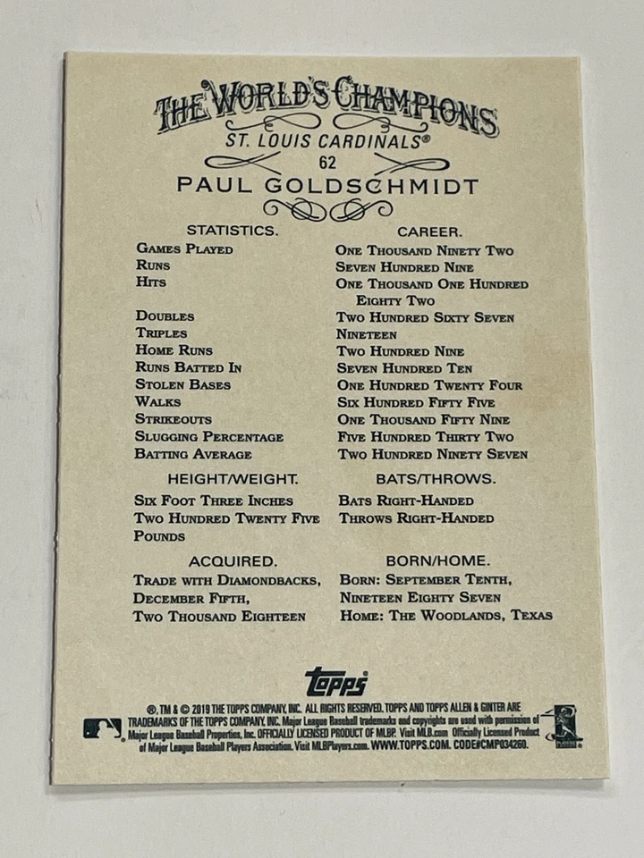 2019 Topps Allen & Ginter Baseball #62 - Paul Goldschmidt - St. Louis Cardinals - Image 2 of 2