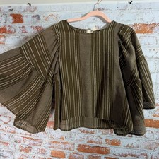Blu Pepper Blouse Womens Small Olive Green Excellent Tiered Bell Sleeve Striped