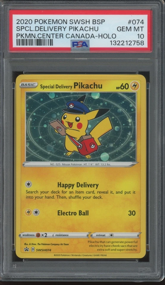 2020 Pokemon Swish Center Canada Holo Special Delivery Pikachu Gem Mint PSA 10