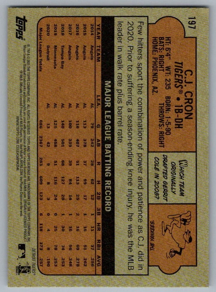 2021 Topps Heritage C.J. Cron Detroit Tigers #197 - Image 2 of 2