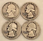 Lot of 4 Silver Washington Quarters 1935 1939 1940 1941 90% Silver Circulated