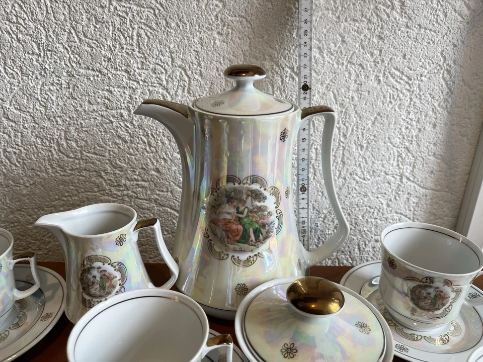 Jlmenau DDR Kaffeeservice Teeservice 6 Personen Perlmutt mit Motiven Barock Rar - Bild 2 von 4