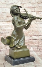 Classical Girl with Violin Bronze Sculpture Signed Patoue Music Room Art