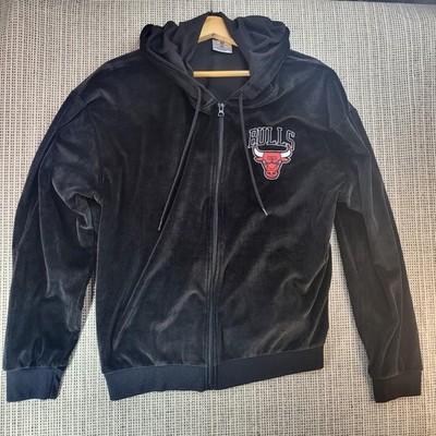 Chicago Bulls Hoodie Women XL Black NBA Basketball Full Zip Velour Jacket Emblem