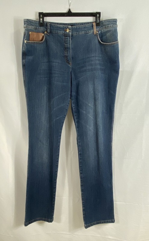 Escada Women's Blue Denim Jeans Leather Trim Logo Back Pocket Size 46