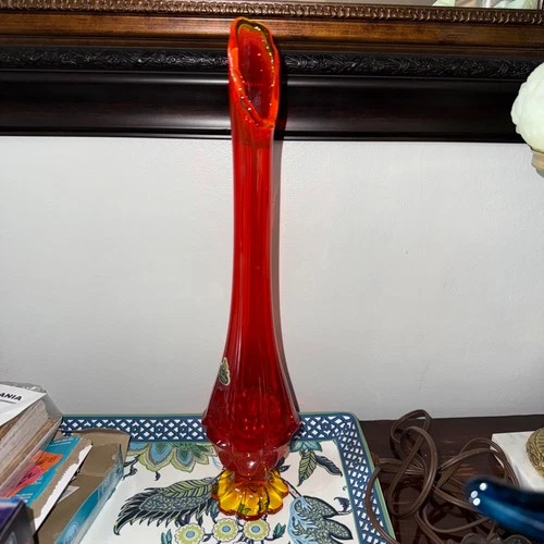 Vintage MCM Fenton Glass 15” Amberina Orange Valencia Swung Vase Stunning GLOW