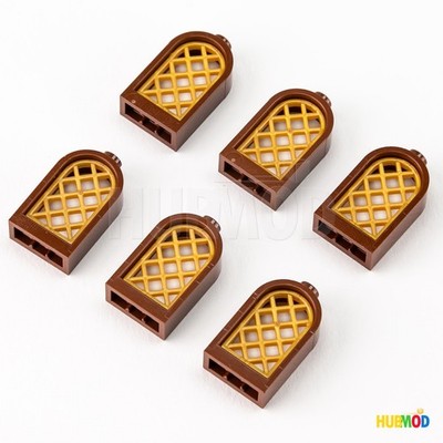Lot of 6 LEGO Brown Window 1x2x2 2/3 30044 Rounded Top Gold Pane