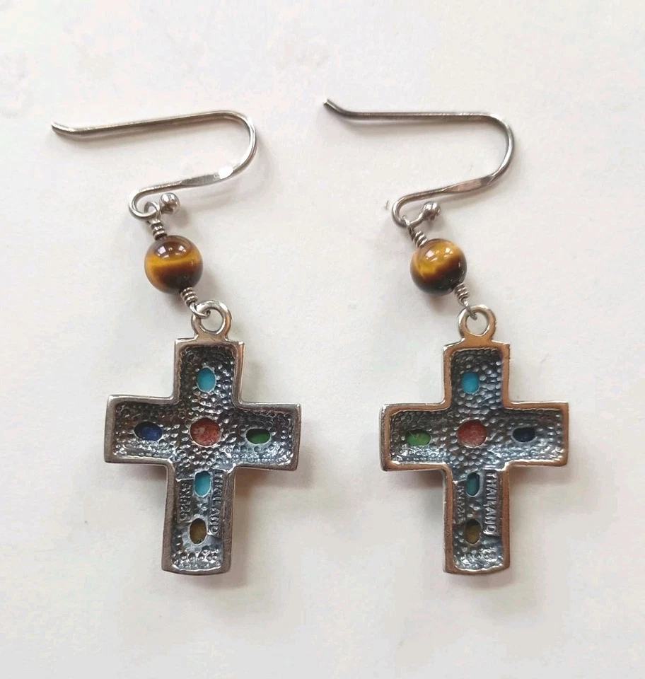 925 Sterling Silver Cross Earrings  Multicolored Gemstones Religious Drops - Image 3 of 4