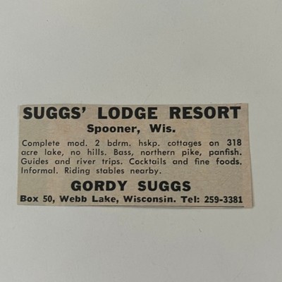 Sugg's Lodge Resort Riding Stables Gordy Suggs Spooner WI 1966 Ad SAH8-3-V2
